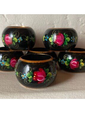 Russian Hand Painted Black Laquered Wood Floral Napkin Rings